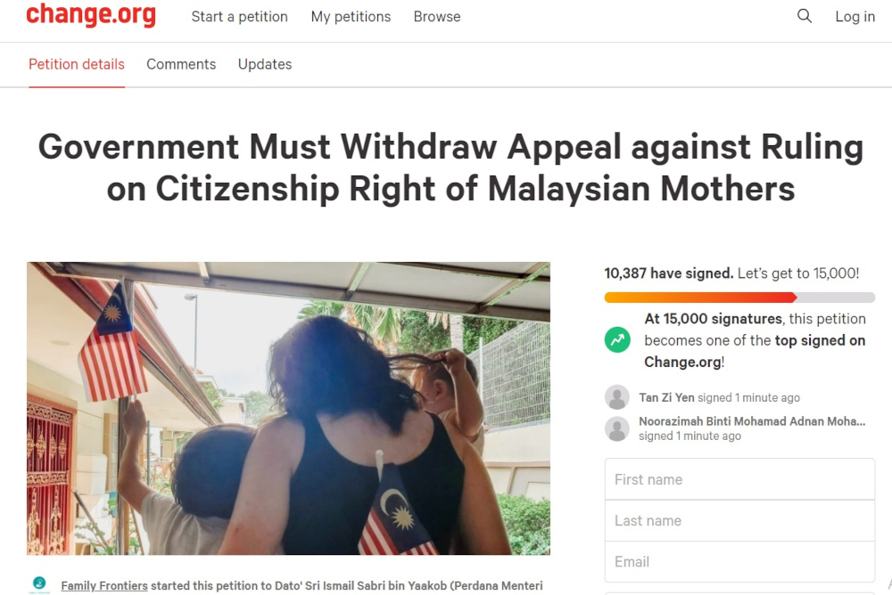 A screenshot of the online petition. In the brief petition, Family Frontiers said it viewed the government’s appeal as a betrayal of rights that are long overdue to Malaysian women.