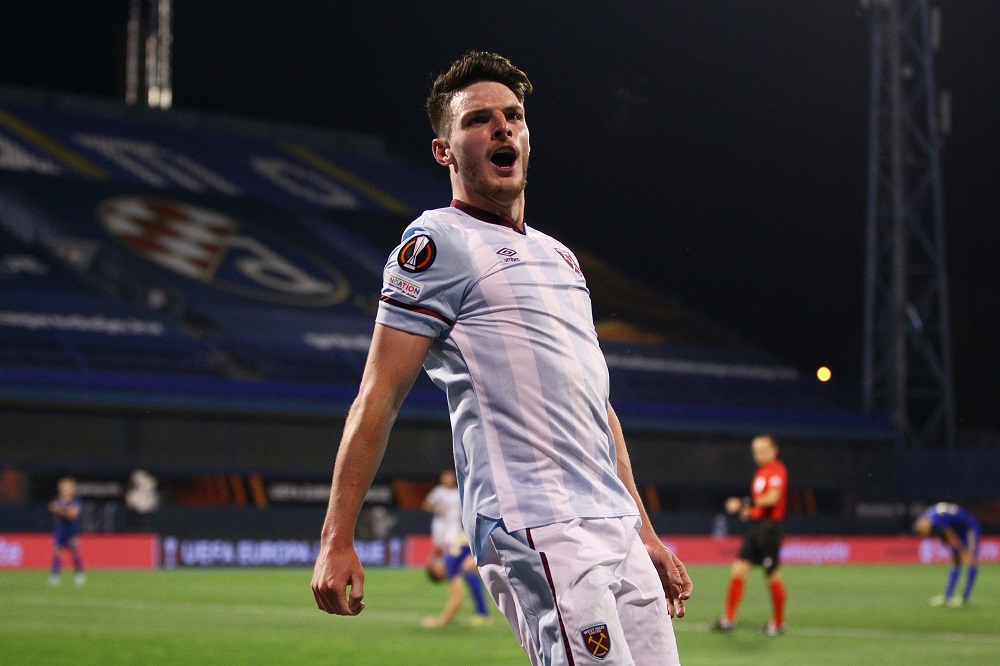 West Ham United's Declan Rice celebrates after scoring the second goal against Dinamo Zagreb September 17, 2021. u00e2u20acu2022 Reuters pic  REUTERS/Antonio Bronic