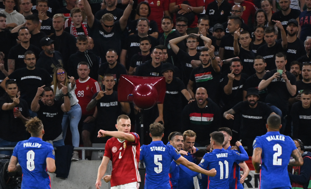 Englandu00e2u20acu2122s team celebrates scoring during the Fifa World Cup Qatar 2022 qualification Group I football match between Hungary and England, at the Puskas Arena in Budapest on September 2, 2021. u00e2u20acu201d AFP picnn