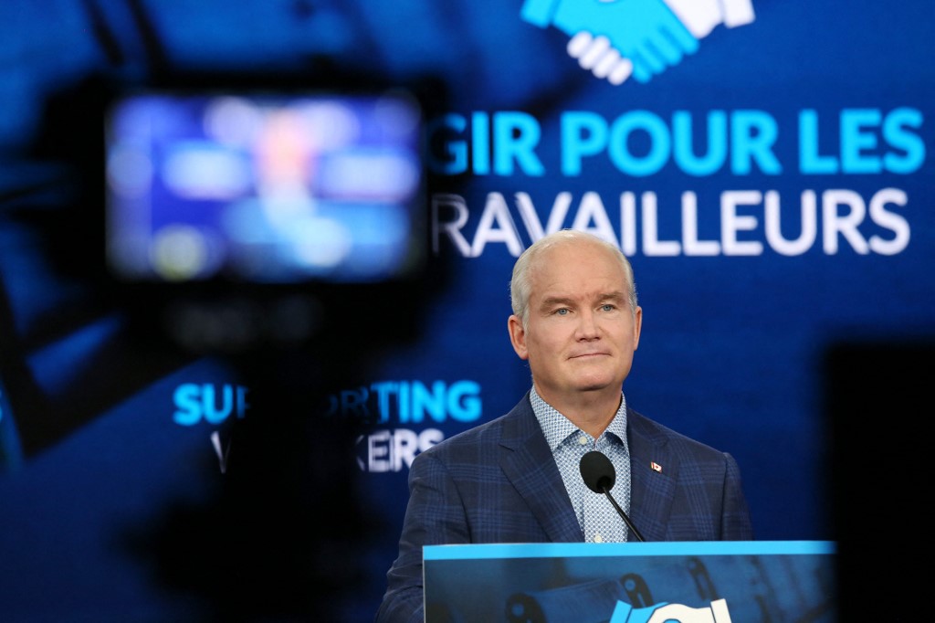 In this file photo taken on August 23, 2021 Conservative Party of Canada leader Erin Ou00e2u20acu2122Toole listens to a reporteru00e2u20acu2122s question during a news conference in Ottawa, Canada. u00e2u20acu201d AFP pic