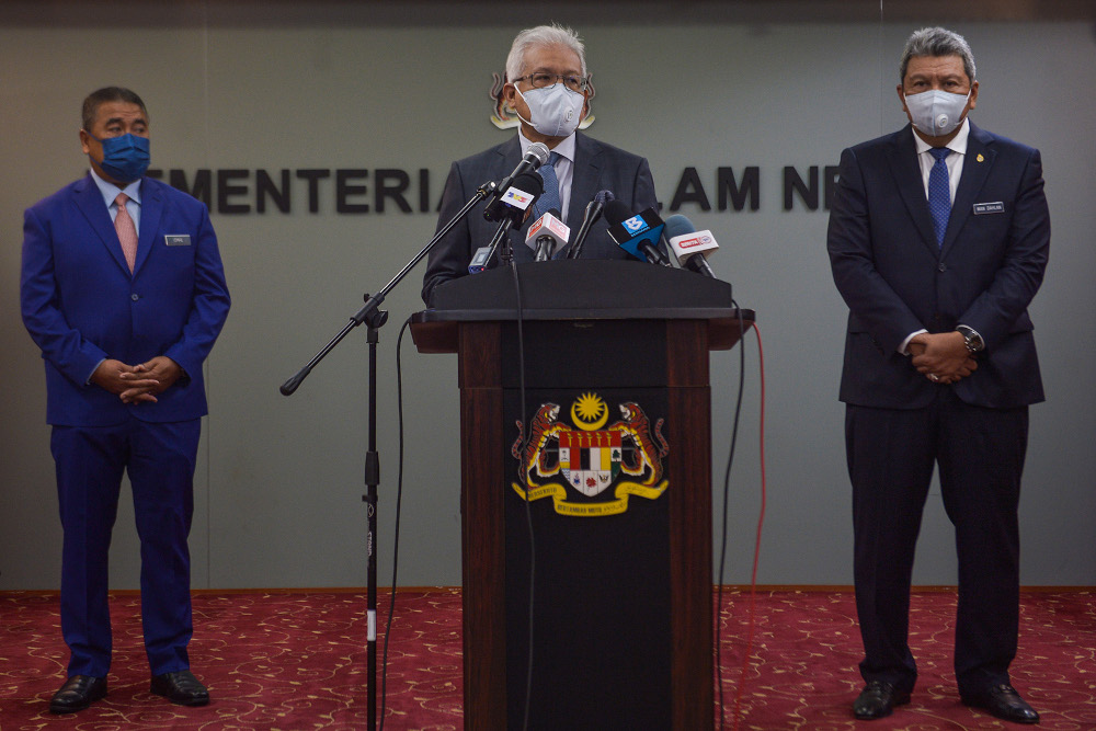 Home Minister Datuk Seri Hamzah Zainudin speaks during a press conference in Putrajaya September 1, 2021. u00e2u20acu2022 Picture by Miera Zulyana