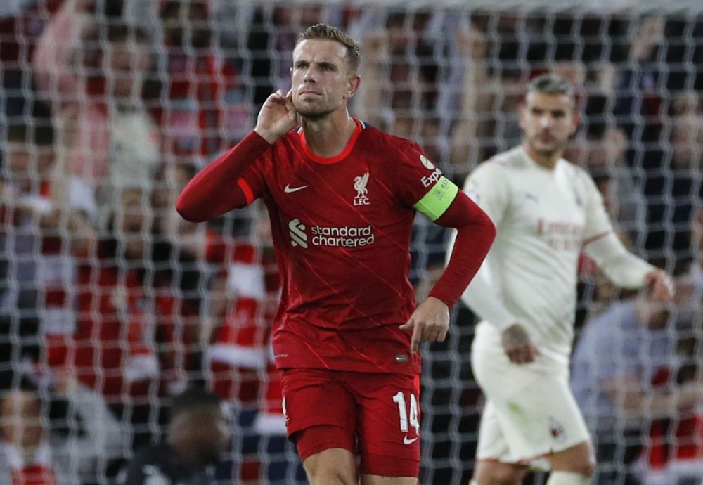 Liverpool's Jordan Henderson celebrates scoring their third goal against AC Milan at Anfield, Liverpool September 15, 2021. u00e2u20acu201d Reuters picnn