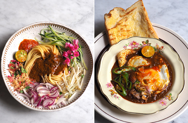 Use your fingers to eat this laksa Johor with its thick sauce made from 'ikan tenggiri' (left). 'Kacang pool' is the ultimate comfort food with the minced beef and fava beans paired with fluffy bread and fried egg (right)