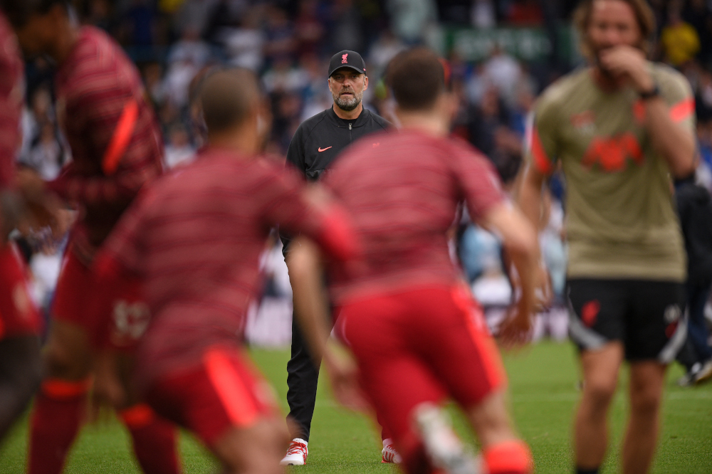 Liverpool manager Jurgen Klopp watches his players warm up during the English Premier League football match between Leeds United and Liverpool at Elland Road in Leeds, northern England, September 12, 2021. u00e2u20acu201d AFP pic 