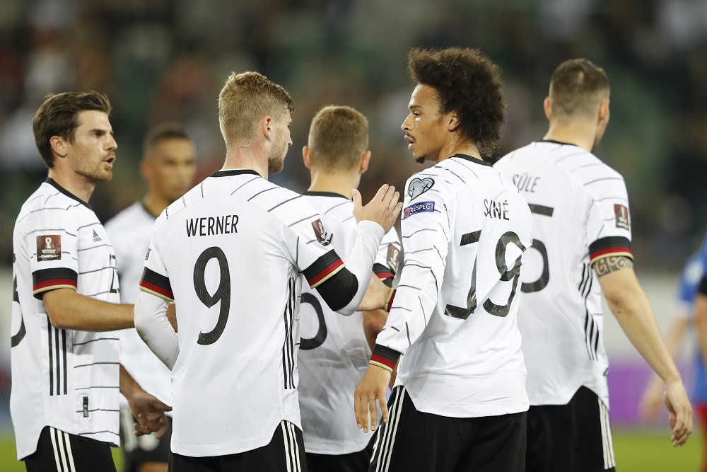 Germany's Leroy Sane celebrates with teammate Timo Werner after scoring the second goal against Liechtenstein September 3, 2021. u00e2u20acu2022 Reuters pic