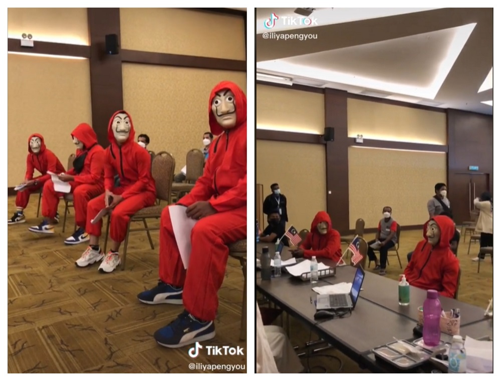 The gang of u00e2u20acu02dcMoney Heistu00e2u20acu2122 thieves showed up at Penang's Ixora Hotel to complete their second vaccination. u00e2u20acu2022 Screengrab via TikTok/@iliyapengyou