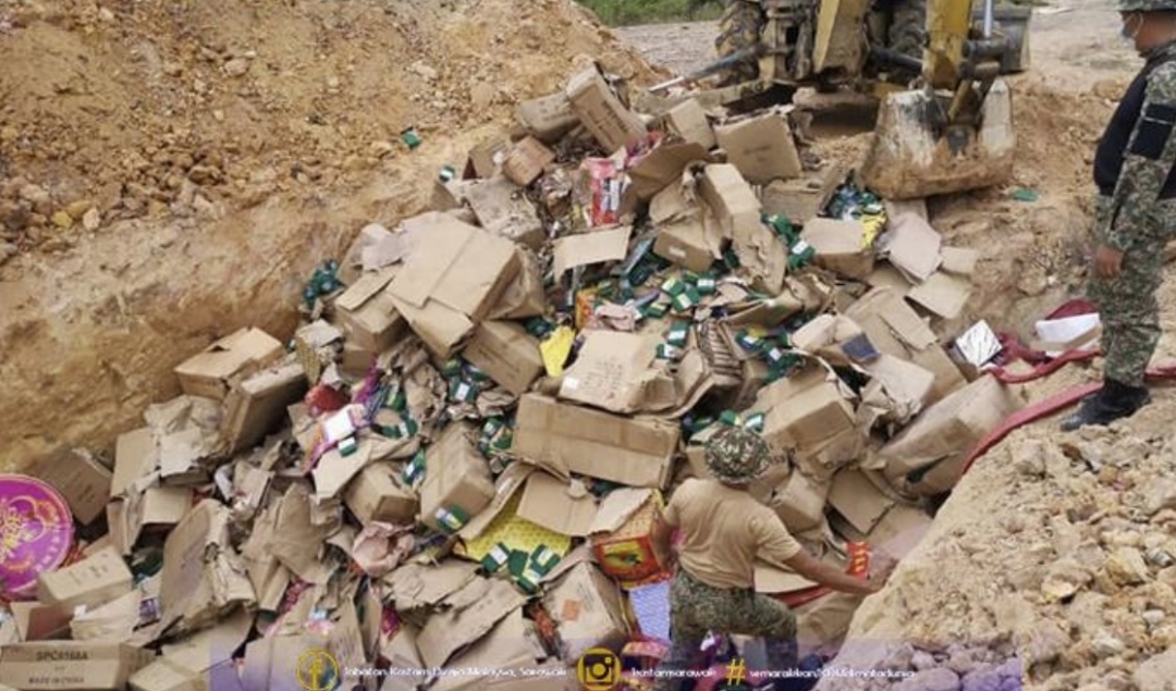 The fireworks in the process of being destroyed. u00e2u20acu2022 Picture courtesy of Customs Sarawak