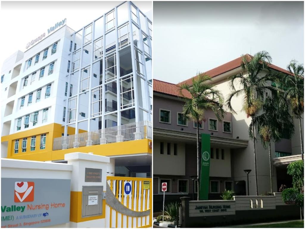 Orange Valley Nursing Home in Simei (left) and Jamiyah Nursing Home (right) were added to a list of Covid-19 clusters under close monitoring by the Ministry of Health. u00e2u20acu2022 TODAY pic