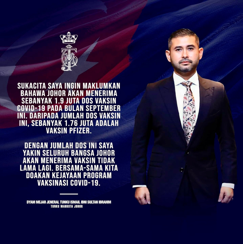 Johor Crown Prince Tunku Ismail Sultan Ibrahim announced tonight that the state will receive 1.9 million Covid-19 vaccine doses this month. u00e2u20acu201d Picture from Facebook/HRH Crown Prince of Johorn