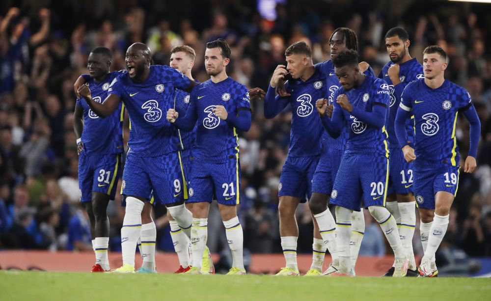 Chelsea players celebrate during the penalty shoot-out against Aston Villa in the League Cup clash at Stamford Bridge, London September 22, 2021. u00e2u20acu201d Reuters pic