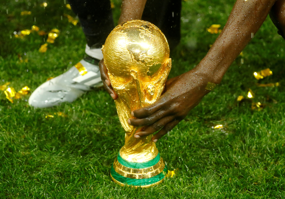 General view of the World Cup trophy as France celebrates after winning the World Cup against Croatia at Luzhniki Stadium, Moscow, Russia, July 15, 2018. u00e2u20acu201d Reuters pic 
