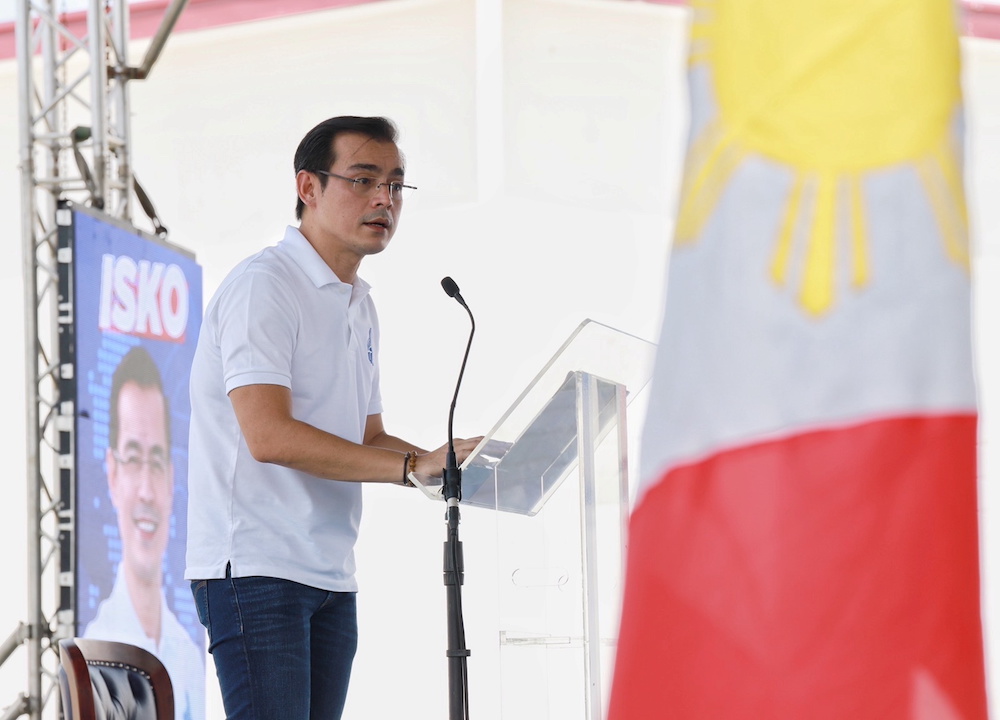 Manila Mayor Francisco u00e2u20acu02dcIskou00e2u20acu2122 Moreno Domagoso speaks during the official announcement of his presidential bid in the 2022 national elections in Baseco, Manila, Philippines September 22, 2021. u00e2u20acu201d Manila Public Information Office handout via Reuters