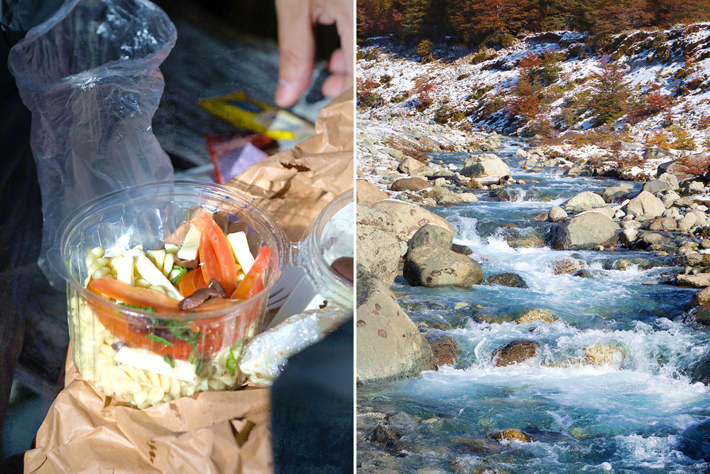 Refuel with some cold pasta salad (left). No need to bring your own water – look out for natural springs and streams (right).