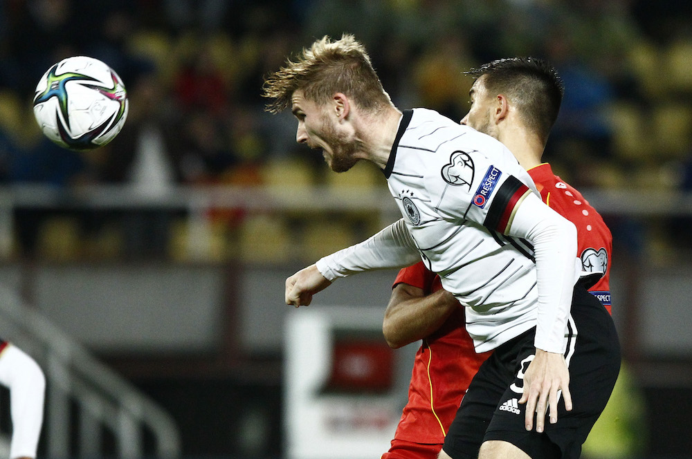 Germany's Timo Werner heads at goal against North Macedonia in Skopje October 11, 2021. u00e2u20acu201d Reuters pic 