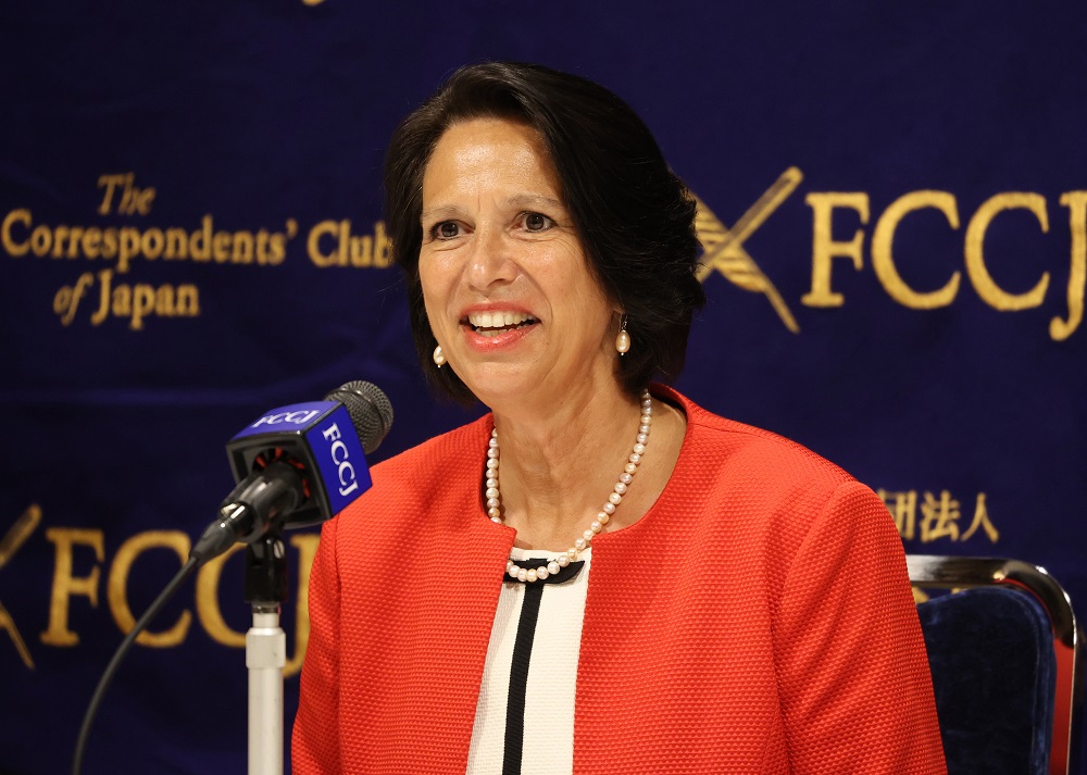 Christine Schraner Burgener, special envoy of the United Nations Secretary General on Myanmar speaks at the Foreign Correspondents' Club of Japan in in Tokyo May 28, 2021. u00e2u20acu201d Picture by Yoshio Tsunoda/AFLO via Reuters