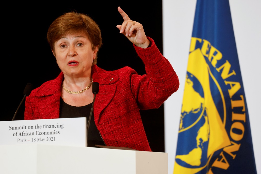 International Monetary Fund Managing Director Kristalina Georgieva speaks during a joint news conference at the end of the Summit on the Financing of African Economies in Paris, France May 18, 2021. u00e2u20acu201d Pool pic via Reuters