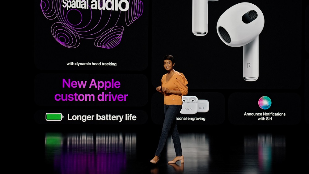 Appleu00e2u20acu2122s Susmita Dutta showcases the third-generation AirPods featuring spatial audio during a special event at Apple Park in Cupertino US in a photograph released October 18, 2021. u00e2u20acu201d Picture by Apple Inc/Handout via Reuters