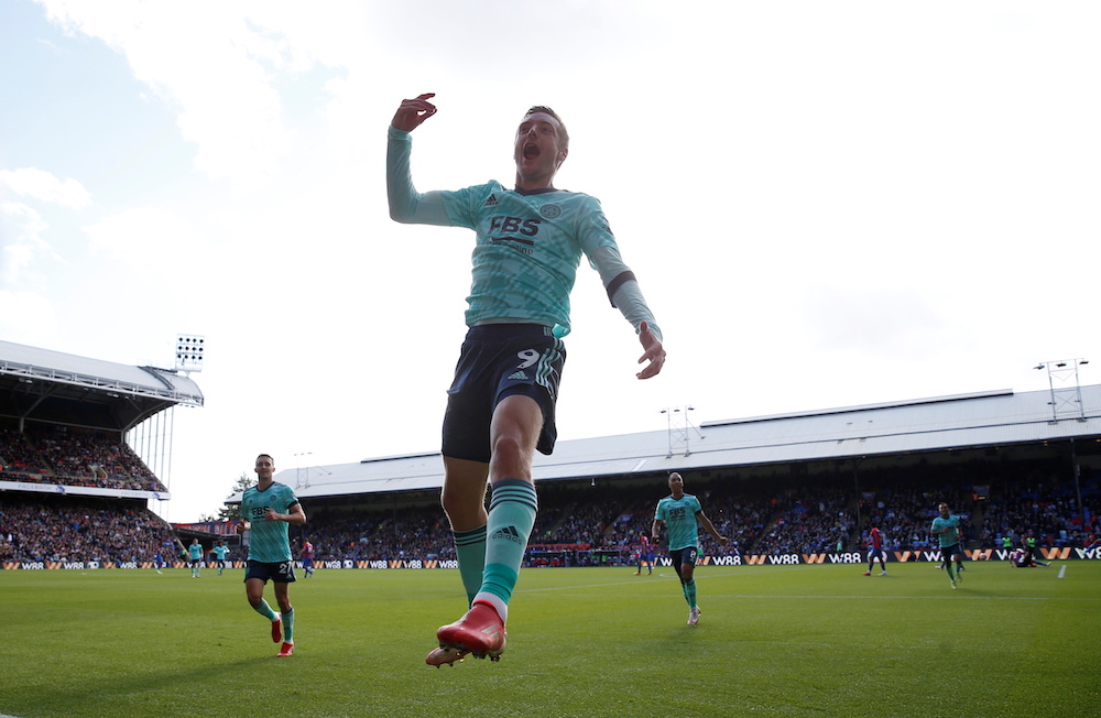 Leicester City's Jamie Vardy celebrates scoring their second goal at Selhurst Park, London, Britain  October 3, 2021. u00e2u20acu201d Action Images via Reuters pic