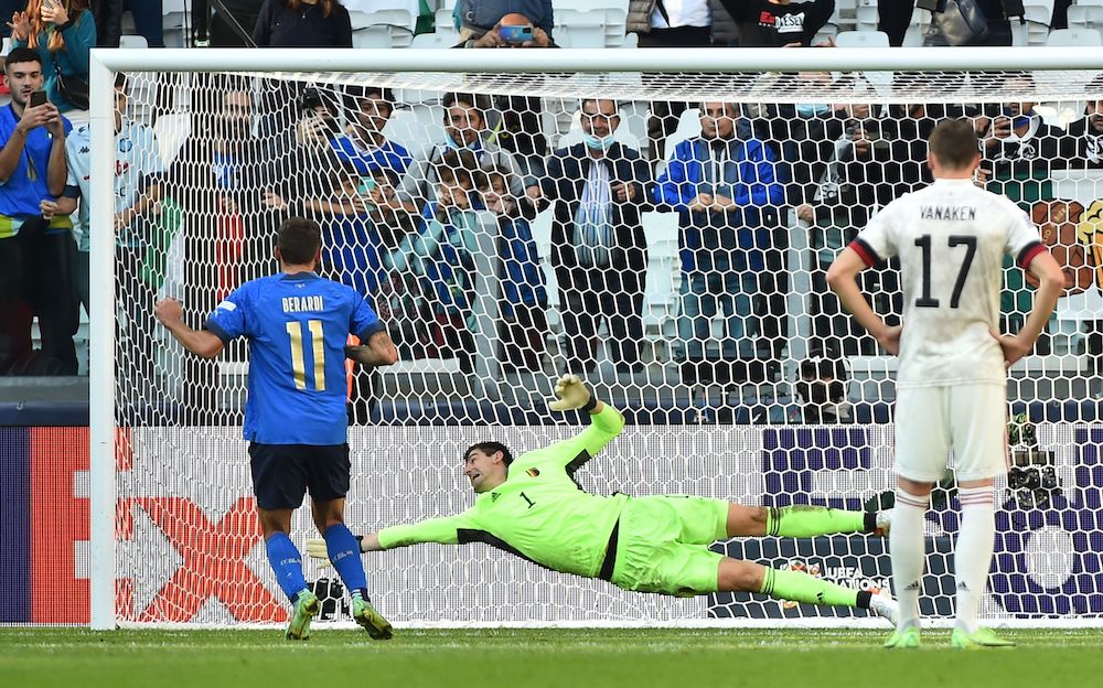 Italy's Domenico Berardi scores their second goal from the penalty spot during the  third-place playoff against Belgium at the Allianz Stadium, Turin, Italy  October 10, 2021. u00e2u20acu201d Reuters pic