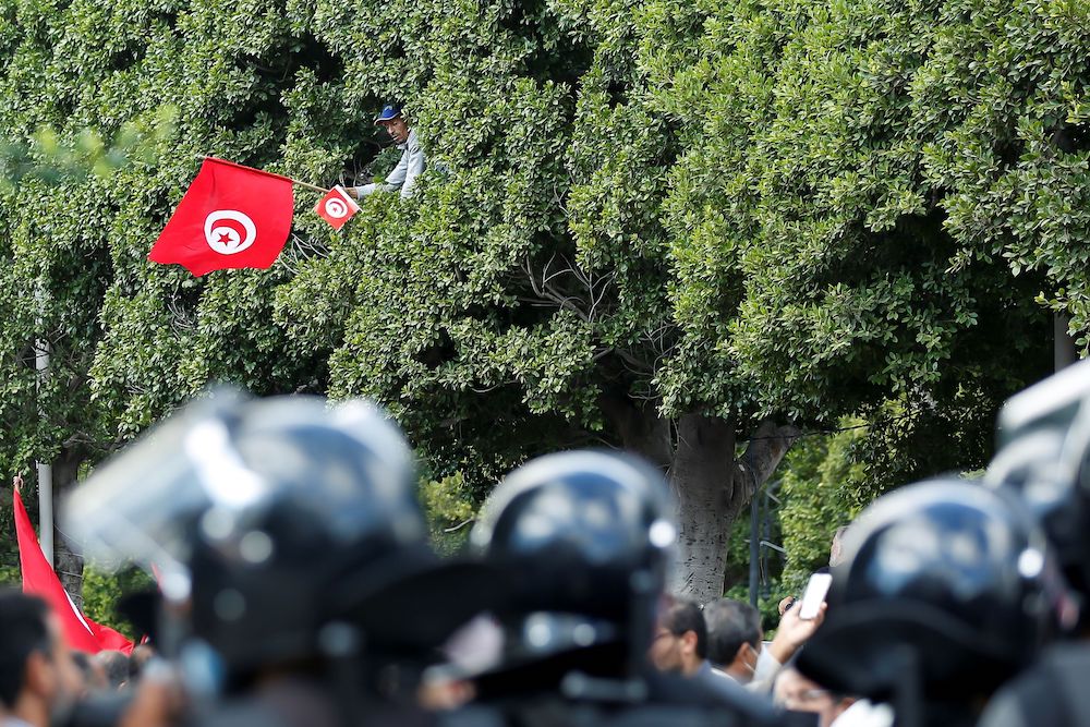 A demonstrator waves a Tunisian flag as he sits in a tree during a protest against Tunisian President Kais Saied's seizure of governing powers, in Tunis, Tunisia, October 10, 2021. u00e2u20acu201d Reuters picn n