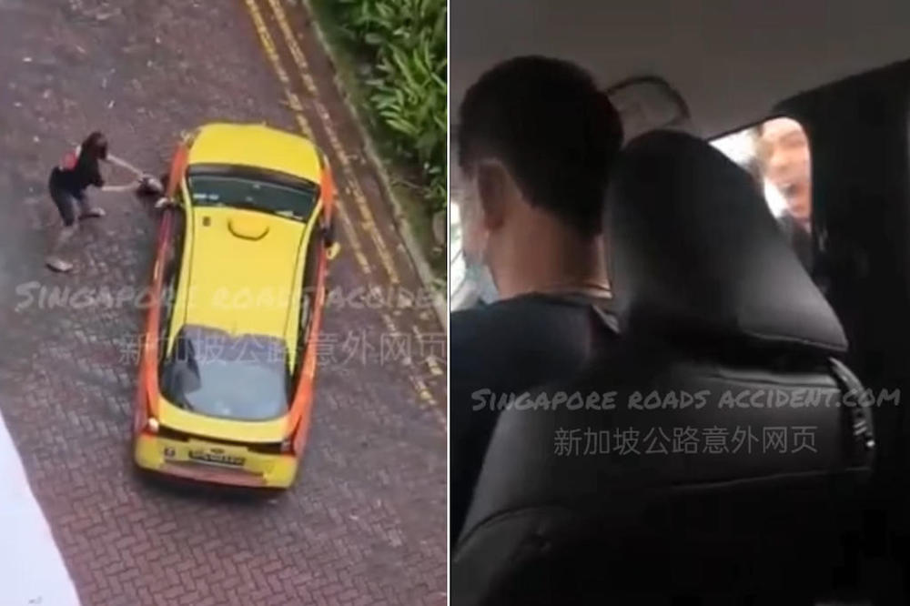 The videos show a man hurling vulgarities at the driver of a yellow ComfortDelGro taxi while using what looks like a motorcycle helmet to repeatedly hit the vehicleu00e2u20acu2122s exterior. u00e2u20acu201d Social media pic via TODAY 