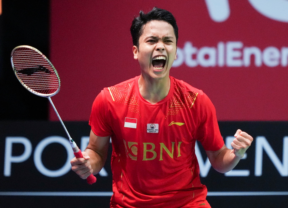 Indonesia's Anthony Sinisuka Ginting celebrates after winning the mens single match against China's Lu Guang Zu at Aarhus, Denmark October 17, 2021u00e2u20acu201d Ritzau Scanpix pic via Reuters
