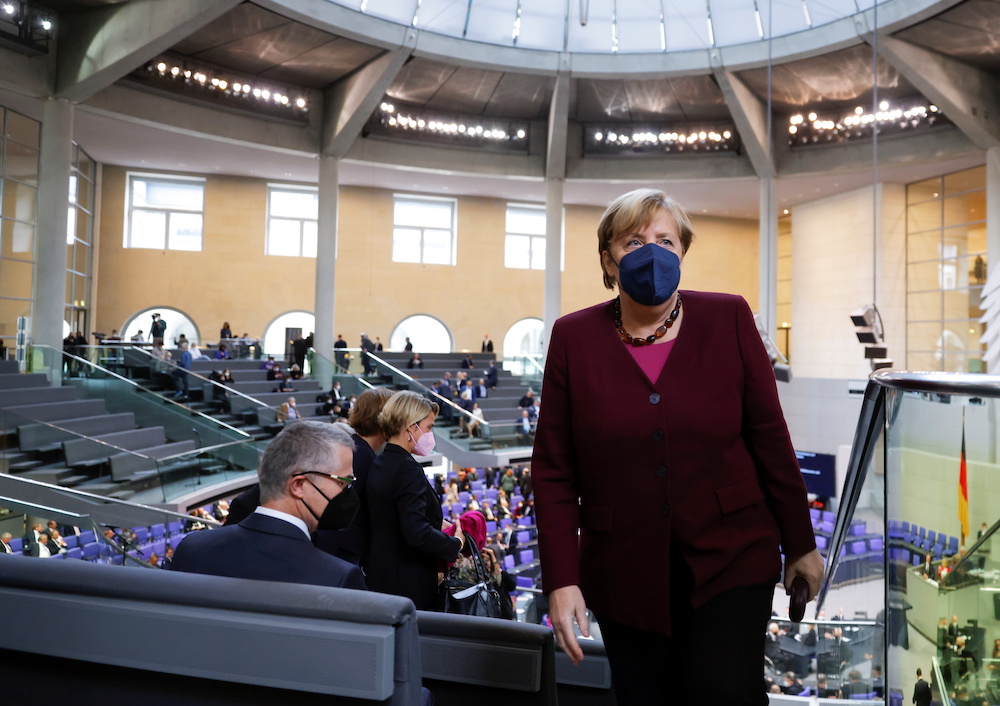Germany's acting Chancellor Angela Merkel leaves the inaugural session of the German lower house of Parliament Bundestag in Berlin, Germany, October 26, 2021. u00e2u20acu201d Reuters pic