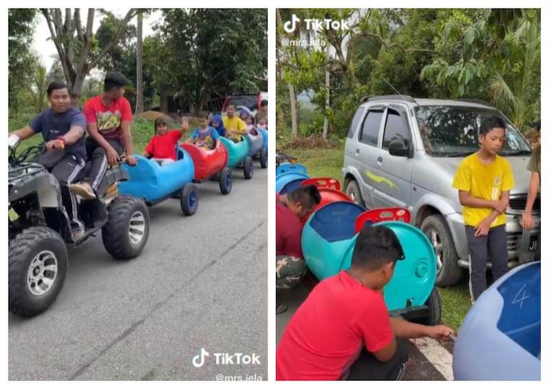 Sahran documented on TikTok how he made his fun train ride using empty water containers and ATV. u00e2u20acu201d Screengrab via TikTok/mrs.iela