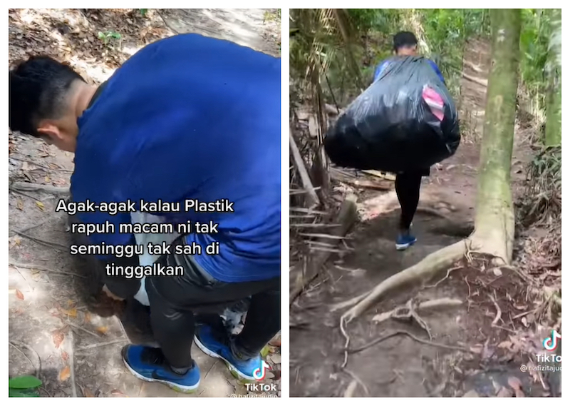 Muhamad Hafizi had no qualms about abandoning his hiking plans to collect rubbish littered near the waterfall area. u00e2u20acu201d Screengrab via TikTok/hafizitajudin
