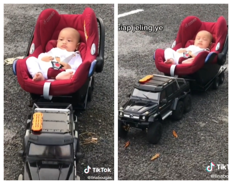Raja Zulhilmi's youngest son being towed by a remote control car has gone viral on TikTok. u00e2u20acu201d Screengrab via TikTok/linabougas