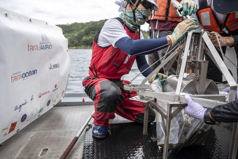 Researchers preparing to take sediment samples collected from the sea during a joint project of the French Tara Ocean Foundation and Japanese marine-station network Jambio off the coast of Shimoda, Shizuoka prefecture. u00e2u20acu201d AFP pic