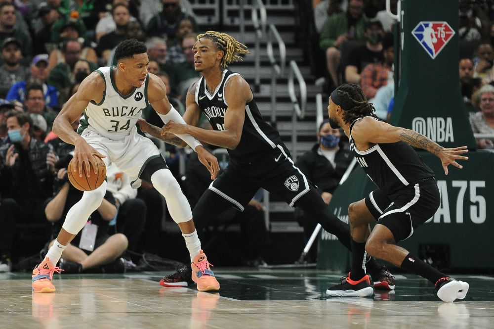 Milwaukee Bucks forward Giannis Antetokounmpo (34) dribbles against Brooklyn Nets forward Nicolas Claxton (33) in the first half at Fiserv Forum in Milwaukee October 19, 2021. u00e2u20acu201d Reuters pic