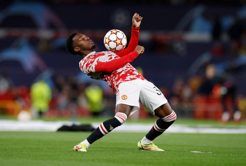 Manchester Unitedu00e2u20acu2122s Anthony Elanga during the warm-up before the match against Villarreal at  Old Trafford, Manchester, Britain, September 29, 2021. u00e2u20acu201d Reuters pic 