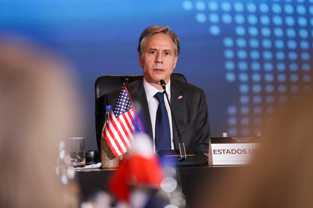 US Secretary of State Antony Blinken takes part in the Ministerial Conference on Migration at the Foreign Ministry headquarters in Bogota, Colombia October 20, 2021. u00e2u20acu2022 Luisa Gonzalez/Pool via Reuters