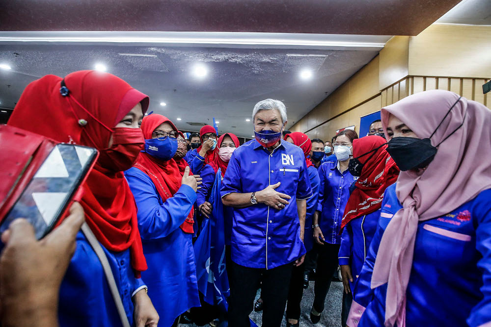 Barisan Nasional chairman Datuk Seri Ahmad Zahid Hamidi at the launch of the coalition's machinery for the Melaka state election at the World Trade Centre Kuala Lumpur October 27, 2021. u00e2u20acu2022 Picture by Hari Anggara