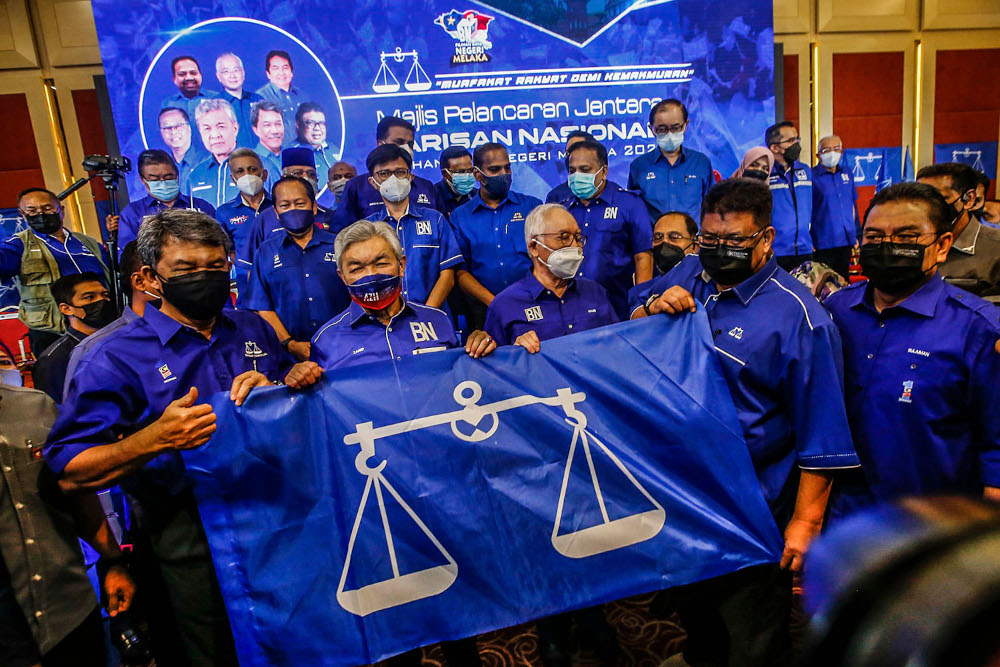 Barisan Nasional leaders pose for the camera during launch of the coalitionu00e2u20acu2122s election machinery for the Melaka state election at the World Trade Centre Kuala Lumpur October 27, 2021. u00e2u20acu2022 Picture by Hari Anggara