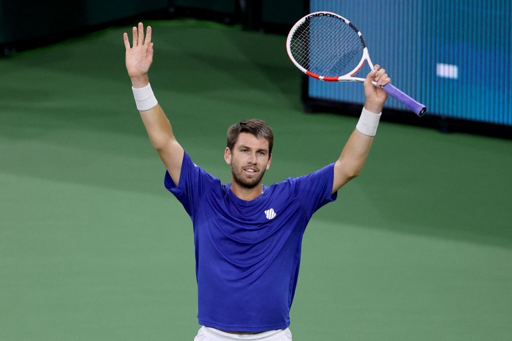 Cameron Norrie of Great Britain celebrates match point against Nikoloz Basilashvili of at the Indian Wells Tennis Garden in California October 17, 2021. u00e2u20acu201d AFP picnn