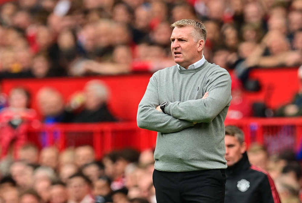 Aston Villa head coach Dean Smith watches his players from the touchline during the English Premier League football match between Manchester United and Aston Villa at Old Trafford in Manchester, September 25, 2021. u00e2u20acu201d AFP picnn