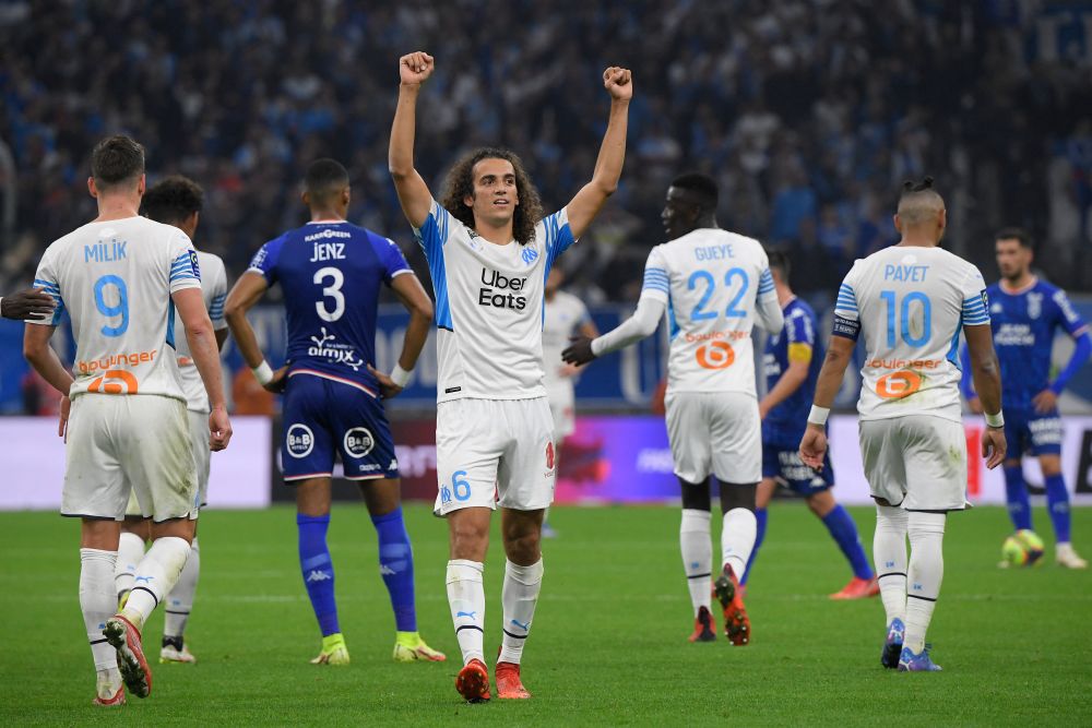 Marseille midfielder Matteo Guendouzi celebrates after scoring a goal against Lorient at the Velodrome stadium in Marseille October 17, 2021. u00e2u20acu201d AFP pic