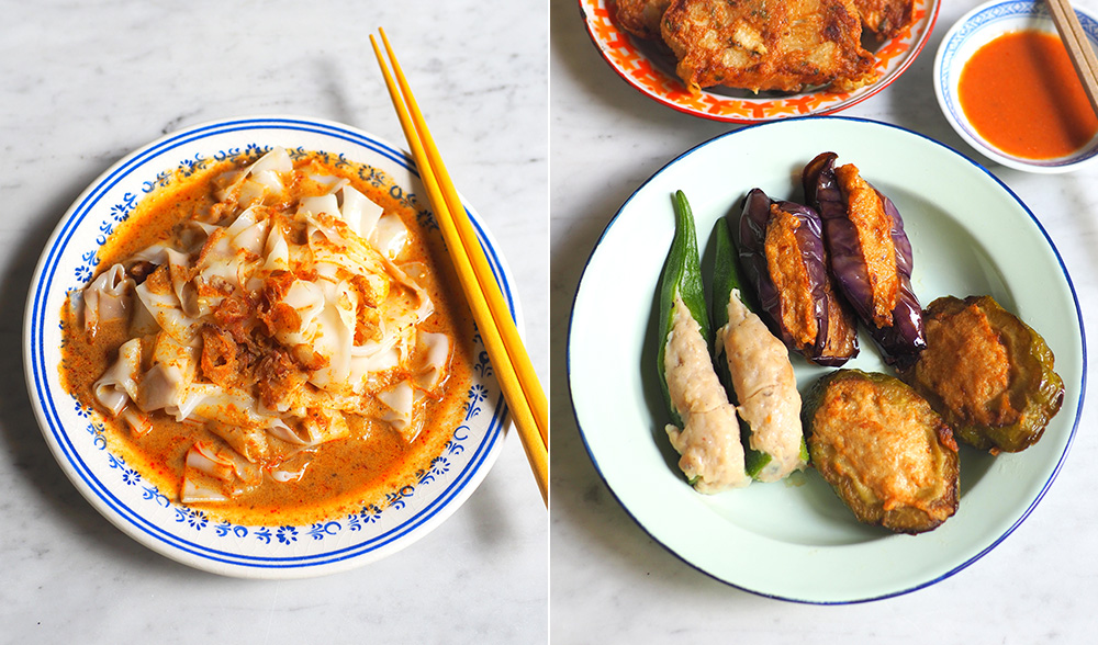 Select a variety of 'yong tau foo' or 'yong liew' as it is called in Ipoh that is generously stuffed with fish paste (right). If you prefer 'chee cheong fun', there's a curry sauce version too (left).