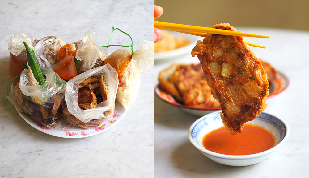 The highlight is their 'sar kok liew' stuffed with crunchy yam bean to be paired with their tangy chilli sauce (right). It will be hard to resist the charms of this stall with their delicious food especially the 'yong liew' (left).