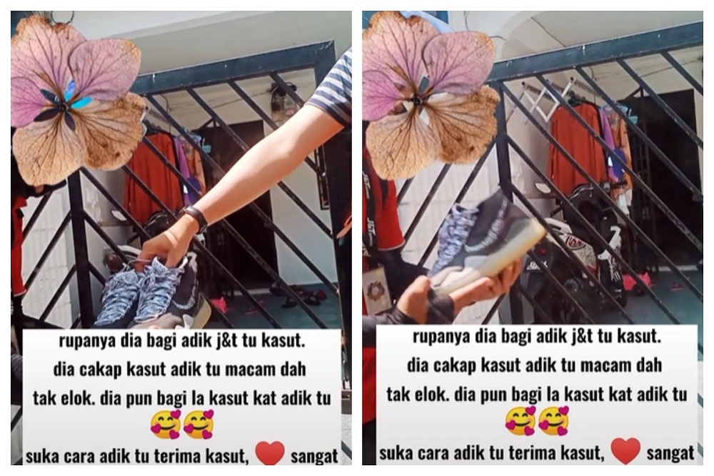 Mohd Faithal passing the pair of shoes to the delivery worker who was thrilled to receive them. u00e2u20acu2022 Screengrab via TikTok/erinerahims