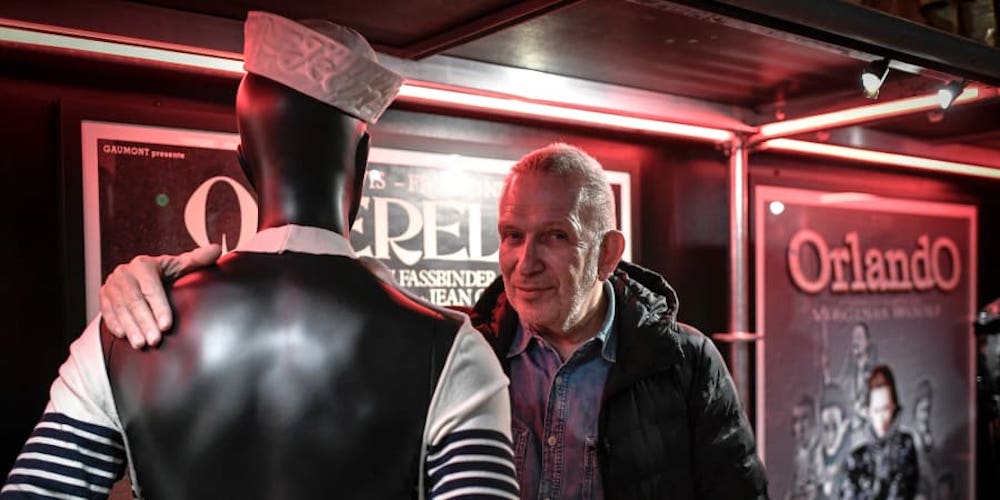 French fashion designer Jean-Paul Gaultier poses with a mannequin during the visit of his exhibition u00e2u20acu02dcCineMode par Jean-Paul.u00e2u20acu2122u00e2u20acu201d ETX Studio picnn
