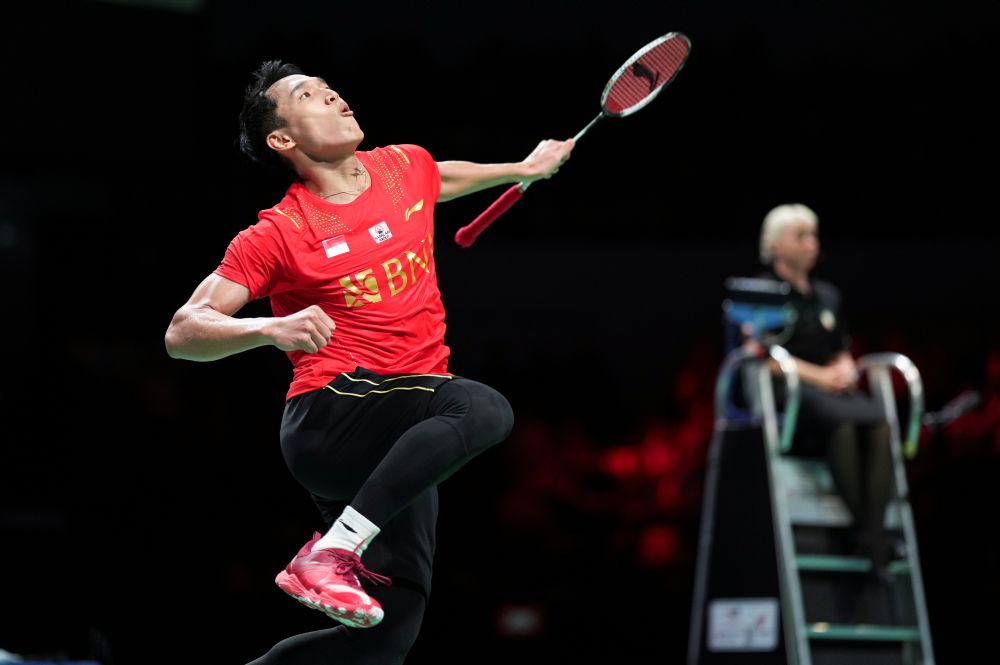 nIndonesia's Jonatan Christie reacts after winning against Denmark's Anders Antonsen in the menu00e2u20acu2122s team semi final October 16, 2021. u00e2u20acu201d Reuters picn