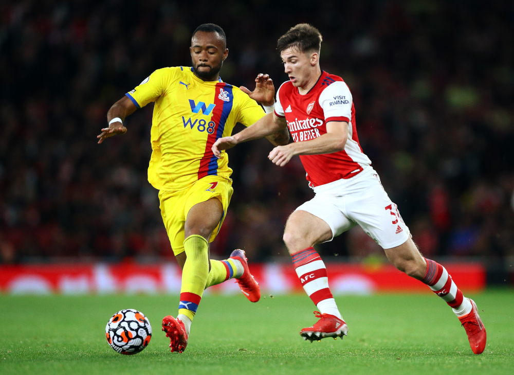 Crystal Palaceu00e2u20acu2122s Jordan Ayew in action with Arsenalu00e2u20acu2122s Kieran Tierney at Emirates Stadium, London, Britain, October 18, 2021. u00e2u20acu201d Reuters pic 