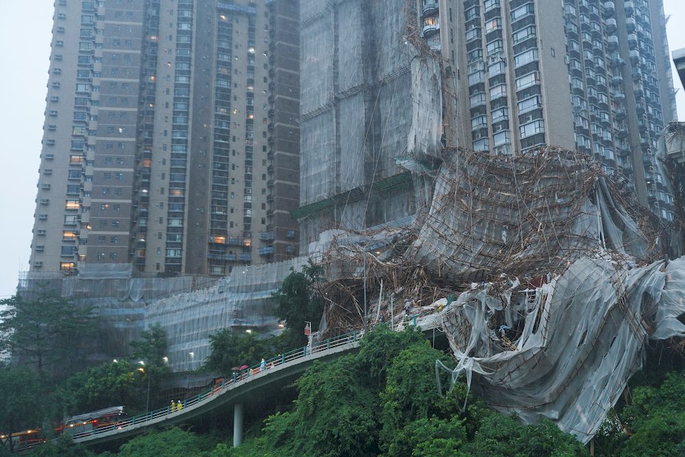 Collapsed bamboo scaffolds of a residential building are seen as Typhoon Lionrock hits Hong Kong, China October 8, 2021. u00e2u20acu201d Reuters pic