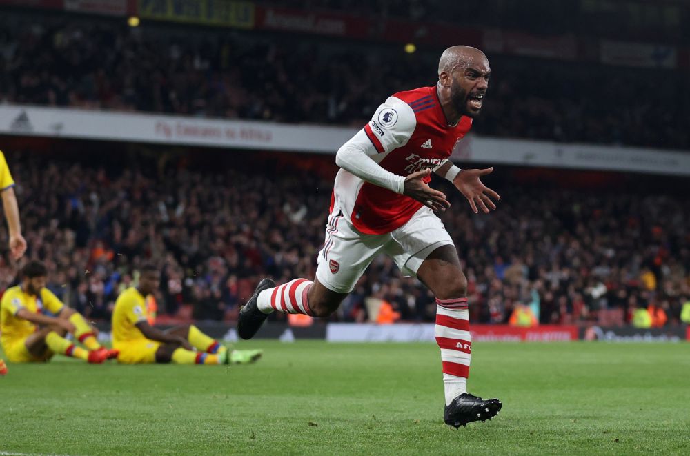 Arsenal's Alexandre Lacazette celebrates scoring their second goal against Crystal Palance at the Emirates Stadium, London October 18, 2021. u00e2u20acu201d Reuters pic