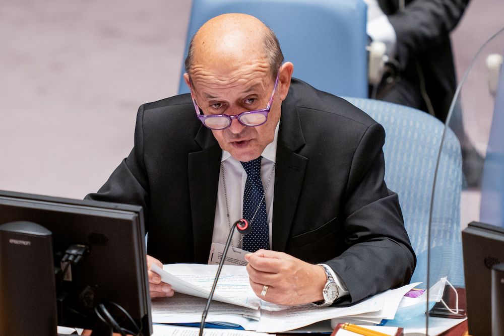 French Foreign Minister Jean-Yves Le Drian speaks during a meeting of the United Nations Security Council at the 76th Session of the UN General Assembly in New York, US September 23, 2021. u00e2u20acu2022 Reuters picnn