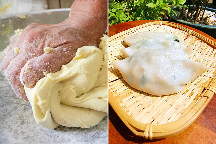 Kneading dough to make 'choi pan' dumplings.