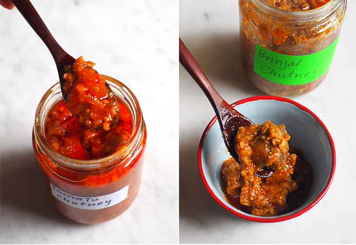 The tomato chutney has a mellow sweetness that makes it great on a slice of toast bread or a plain cracker (left). You get chunks of brinjal in this chutney that will be great with a plate of hot rice (right).